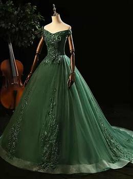 Picture of Green Tulle with Lace Applique Long Prom Dresses, Green Sweet 16 Dress